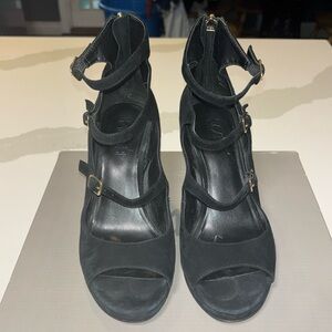 GUC M4D3 Affair Black Kid Suede Platform Wedge Sandals 7 MSRP $160